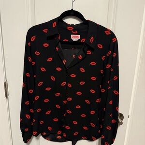 kate spade Black Blouse with Red Lip Print Button-Down